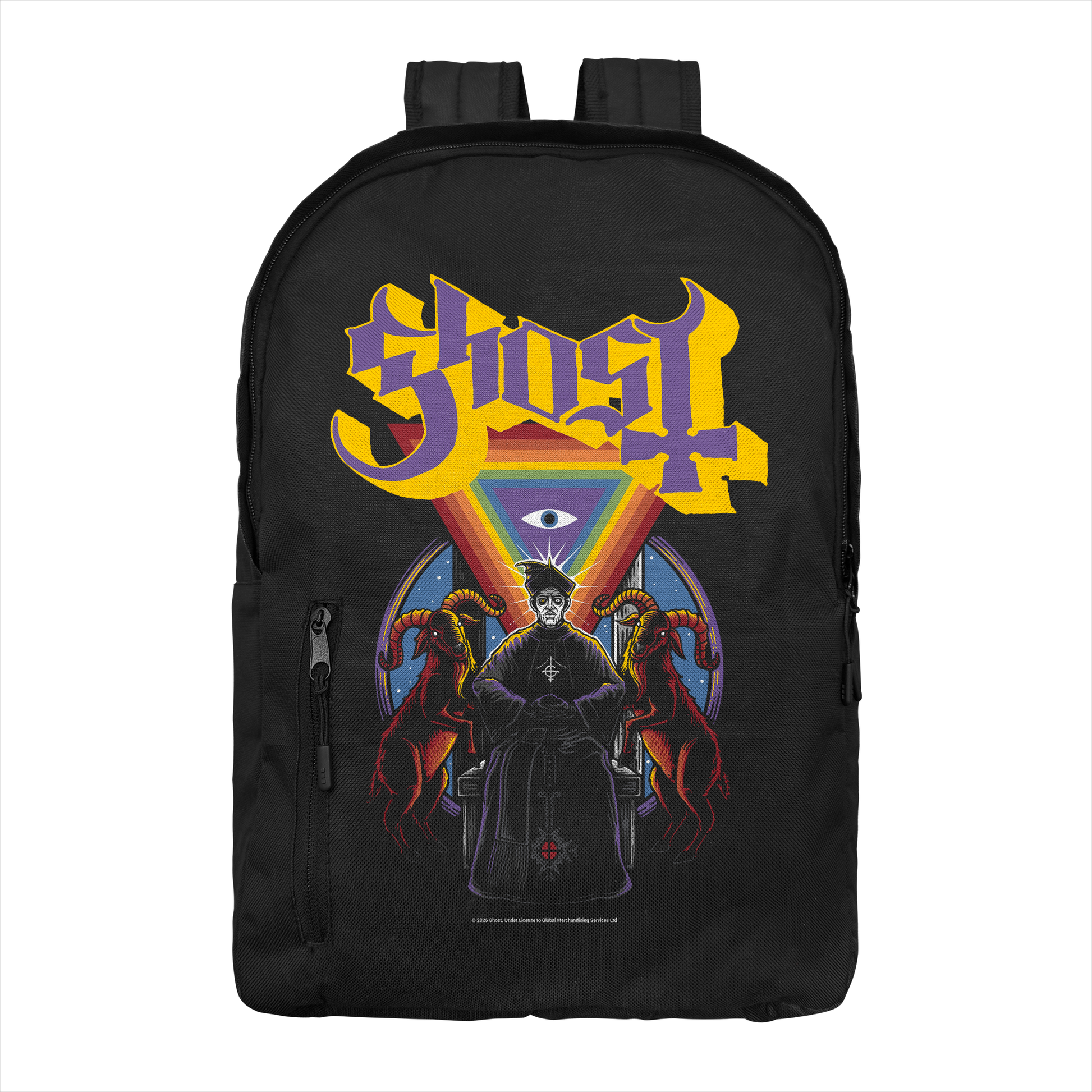 Ghost Alchemist backpack with symbolic gothic artwork and band logo on black background