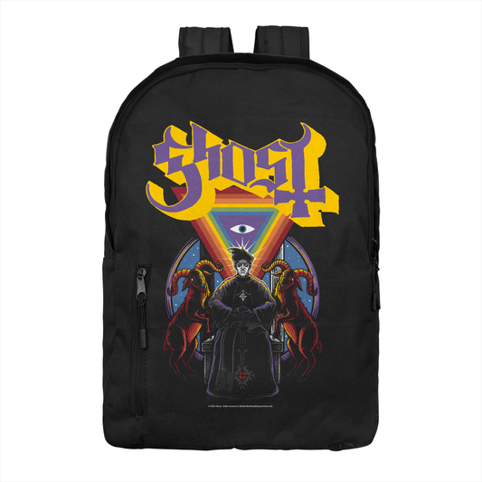 Ghost Alchemist backpack with symbolic gothic artwork and band logo on black background