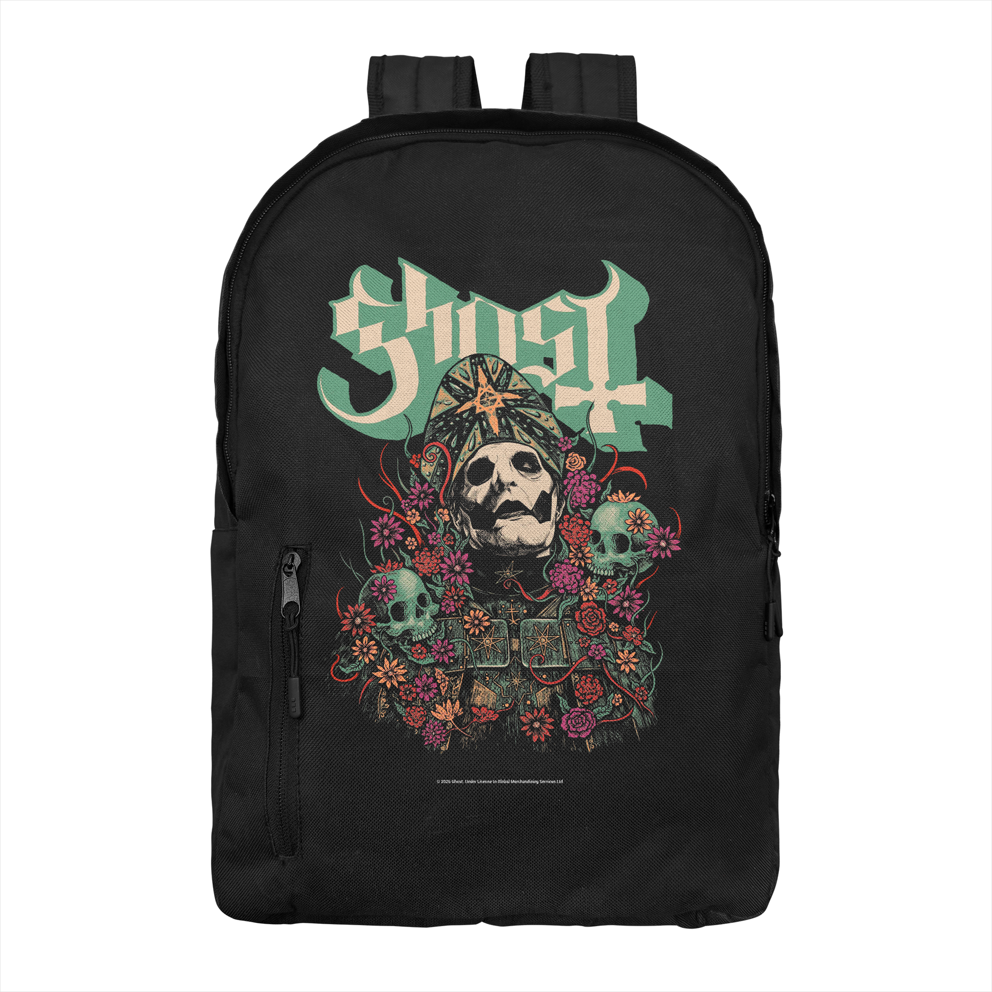 Ghost Bliss backpack with skull and floral design official band merch rock backpack