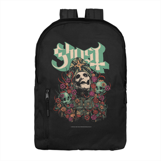 Ghost Bliss backpack with skull and floral design official band merch rock backpack