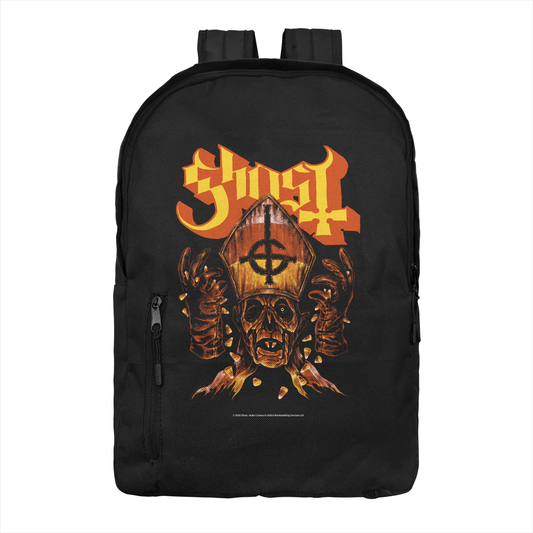 Ghost Candy Corn backpack with orange skull design and band logo officially licensed metal merch bag