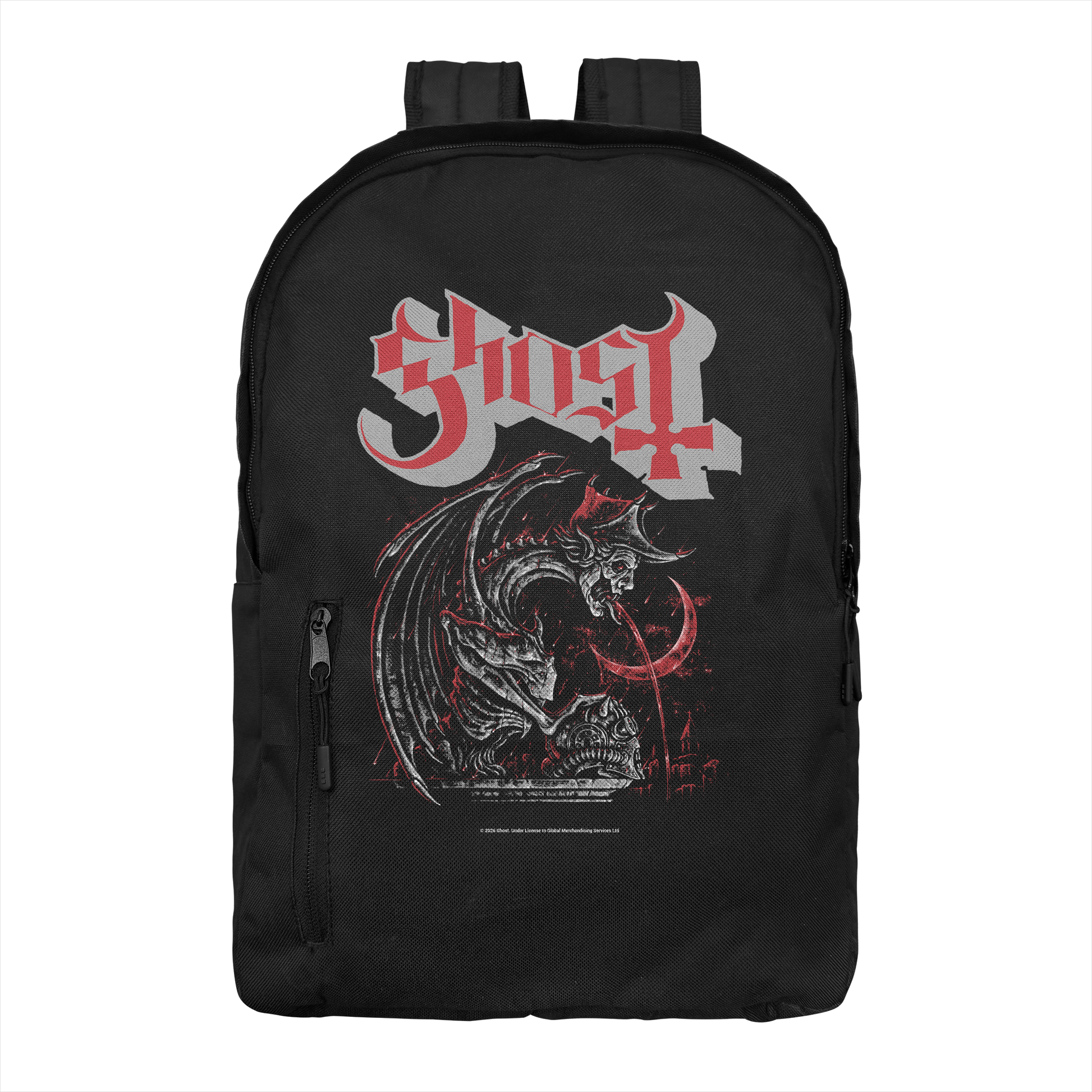 Ghost Devil backpack with gothic devil graphic and band logo on black background