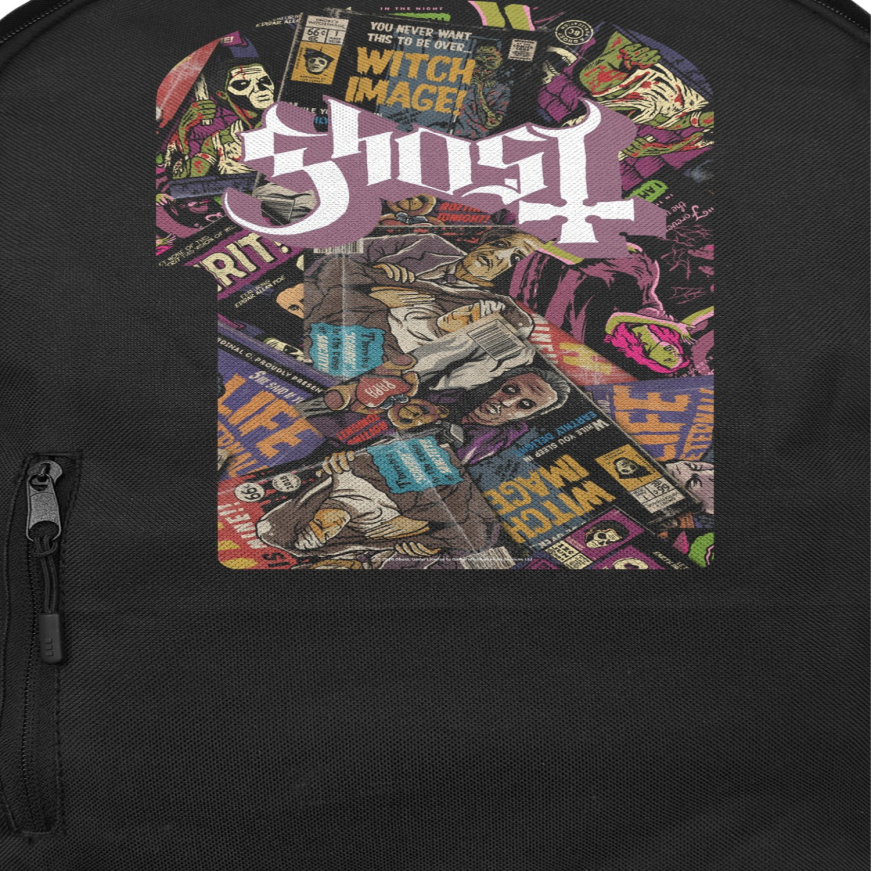 Close-up of Ghost Magazines backpack showing collage horror artwork and logo detail