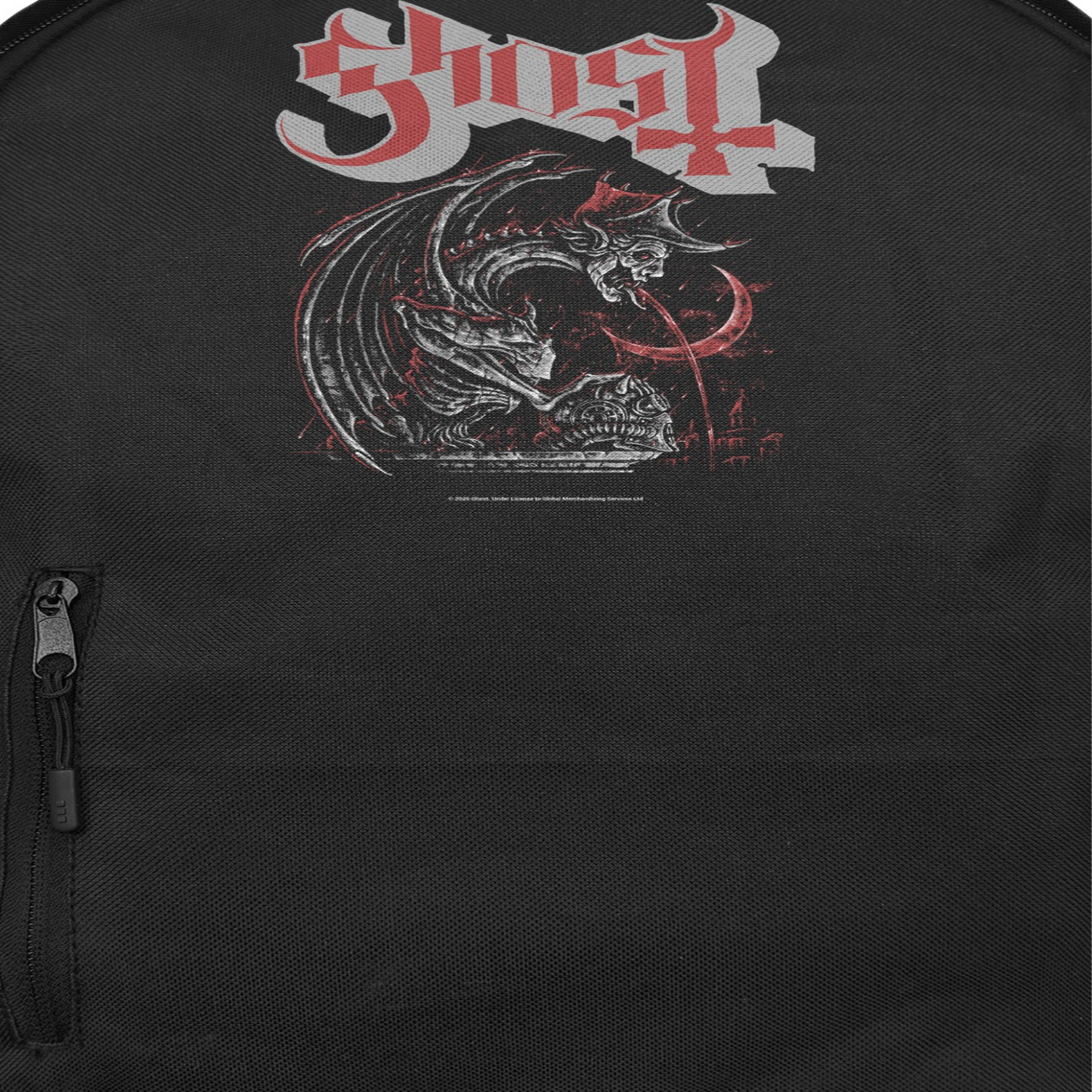 Close-up of Ghost Magazines backpack showing logo and collage horror artwork detail