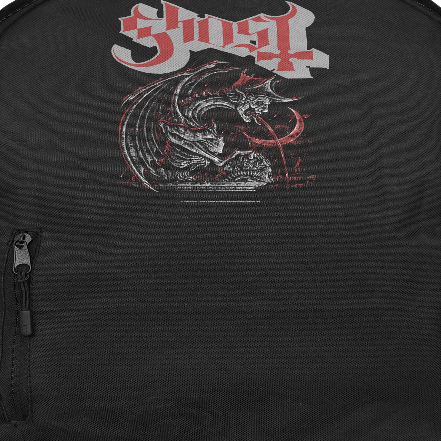 Close-up of Ghost Magazines backpack showing logo and collage horror artwork detail