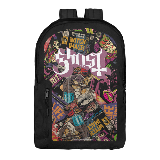 Ghost Magazines backpack with collage horror artwork official band merch bag