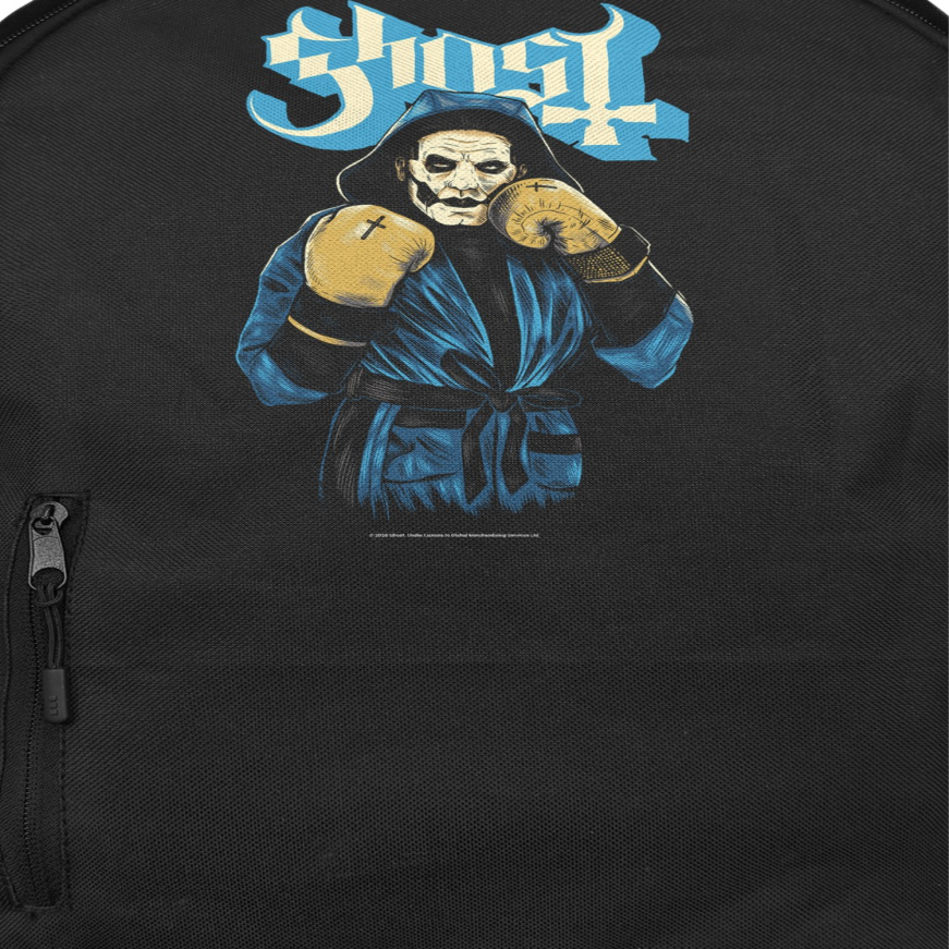 Ghost Prize Fighter backpack close up showing boxing design and band logo official merch