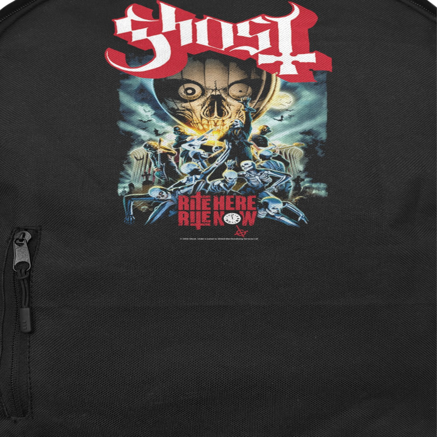 Close up of Ghost Rite Here Rite Now backpack with skeleton graphic design