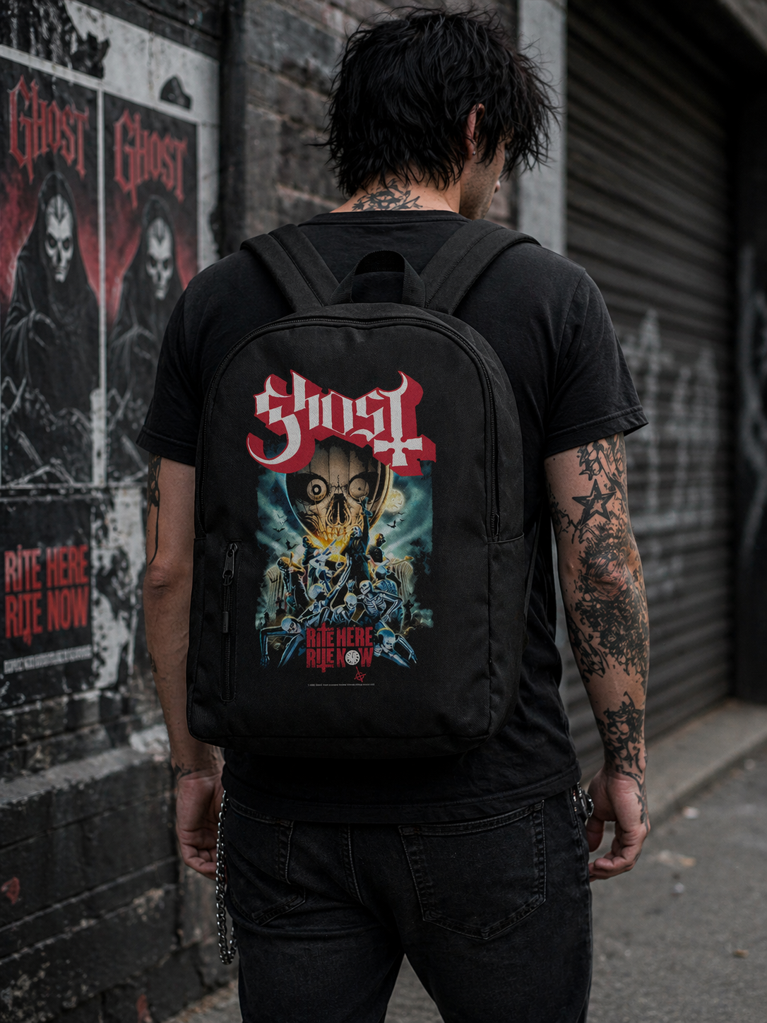 Male model wearing Ghost Rite Here Rite Now backpack with skeleton graphic in urban setting