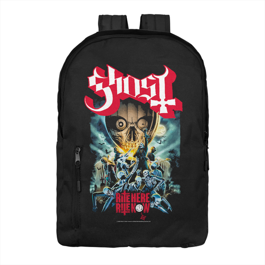 Ghost Rite Here Rite Now backpack with skeleton graphic and red logo design