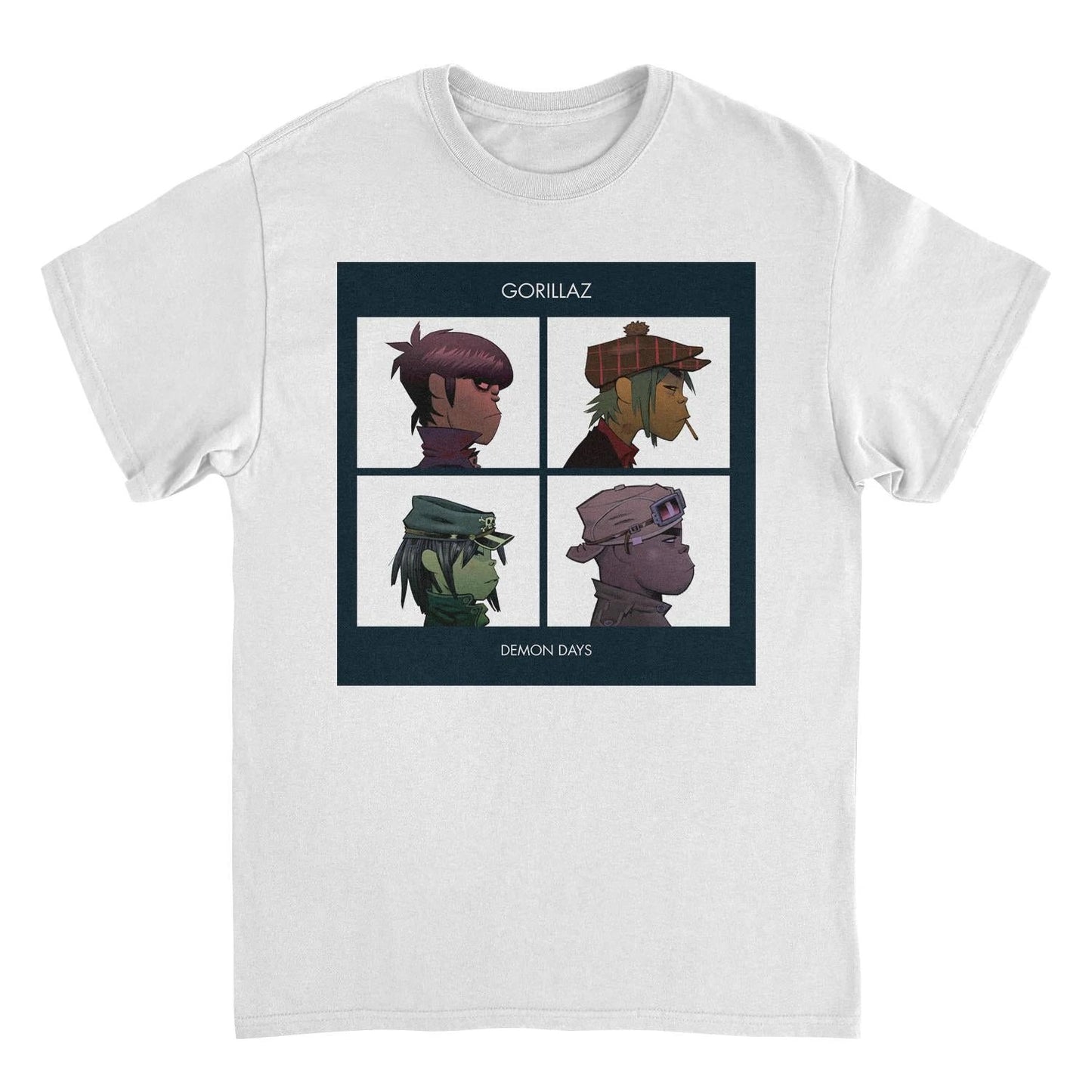 Gorillaz Demon Days t shirt featuring album artwork with 2D Murdoc Noodle and Russel