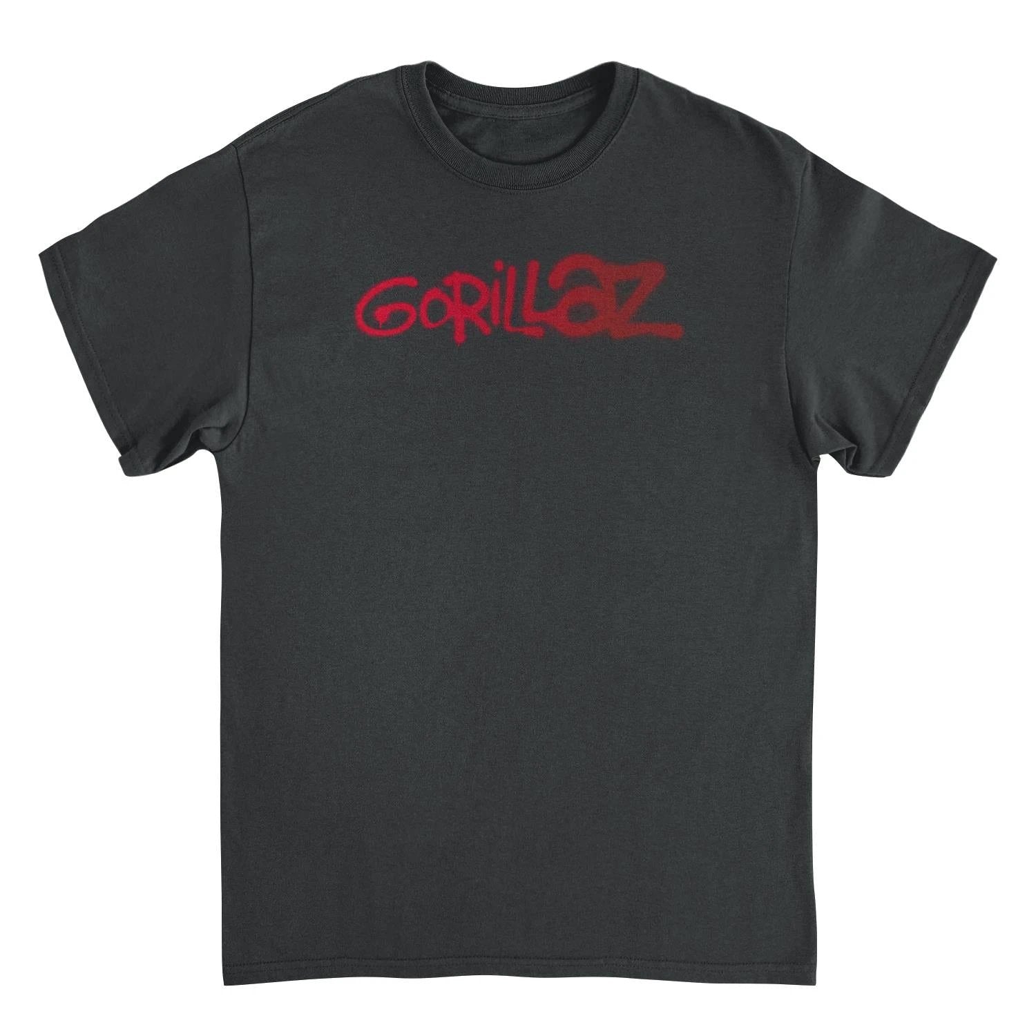 Gorillaz logo graffiti red t shirt with bold spray paint band logo design on front