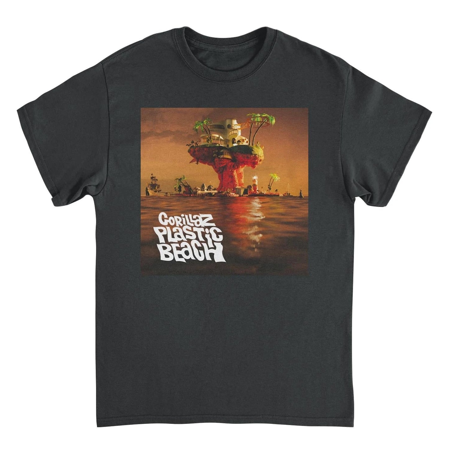 Gorillaz Plastic Beach album artwork t shirt featuring island and ocean design