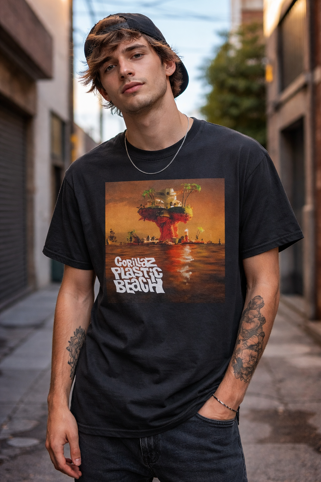 Male model wearing Gorillaz Plastic Beach t shirt with album artwork in streetwear outfit