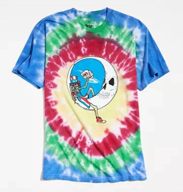 Grateful Dead Save Your Face tie dye t-shirt front view with Stealie skeleton crescent moon and psychedelic spiral design