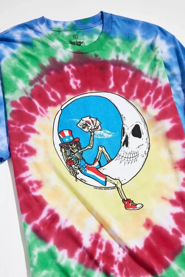 Grateful Dead Save Your Face tie dye shirt close up with skeleton Uncle Sam holding cards on crescent moon graphic