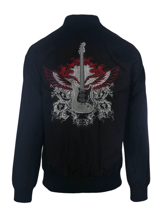 black guitar bomber jacket with embroidered guitar wings back design rock style mens jacket premium apparel