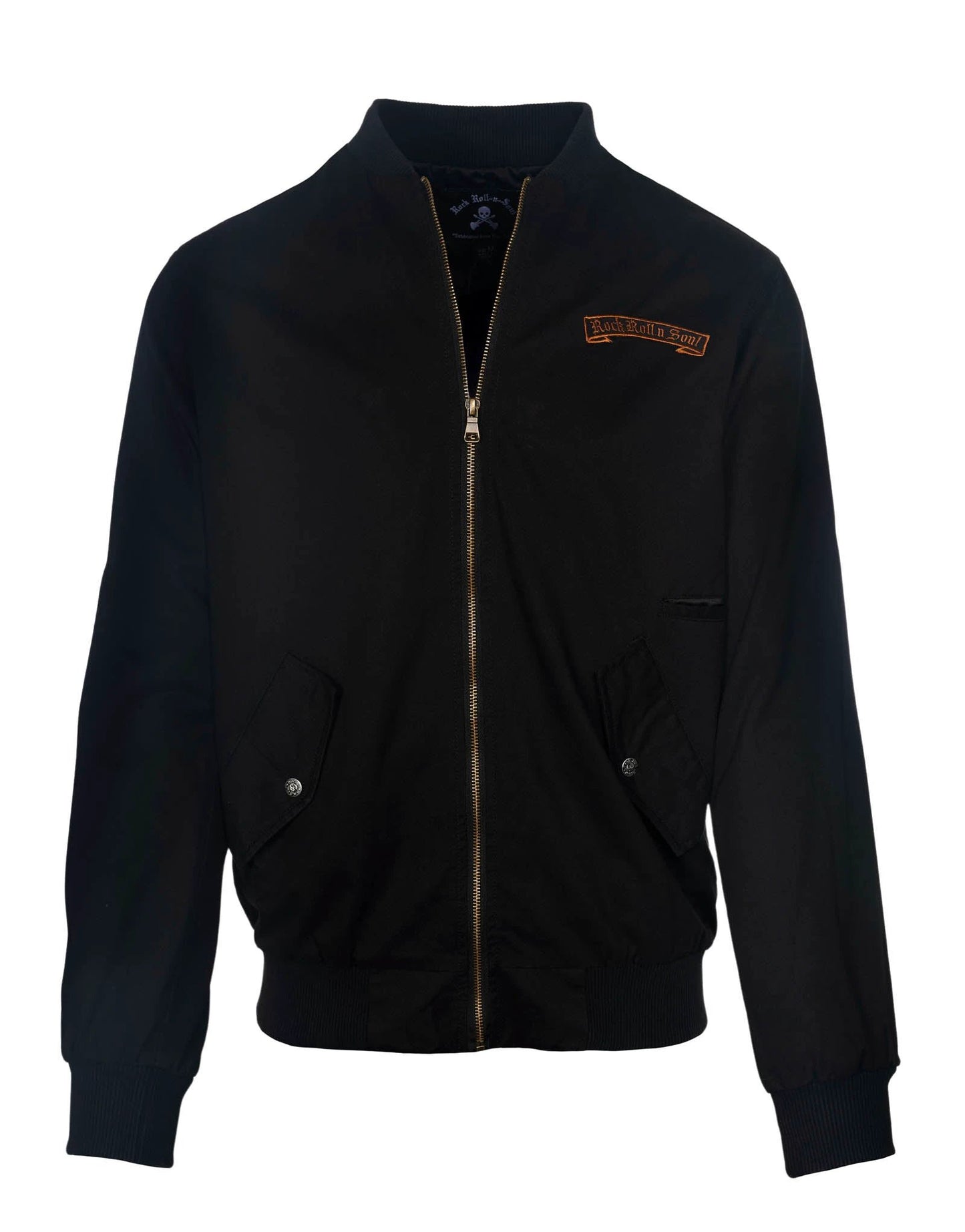 black guitar bomber jacket front view zip up rock style mens jacket embroidered logo chest