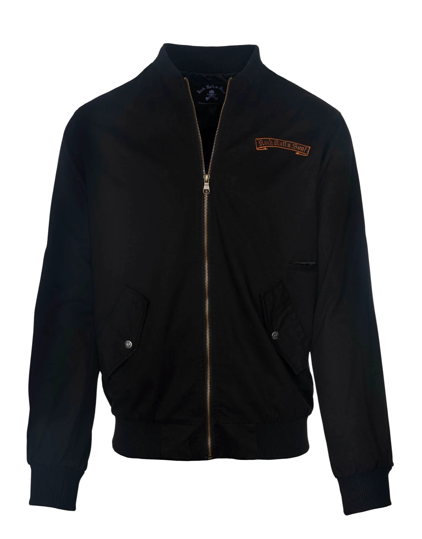 black guitar bomber jacket front view zip up rock style mens jacket embroidered logo chest