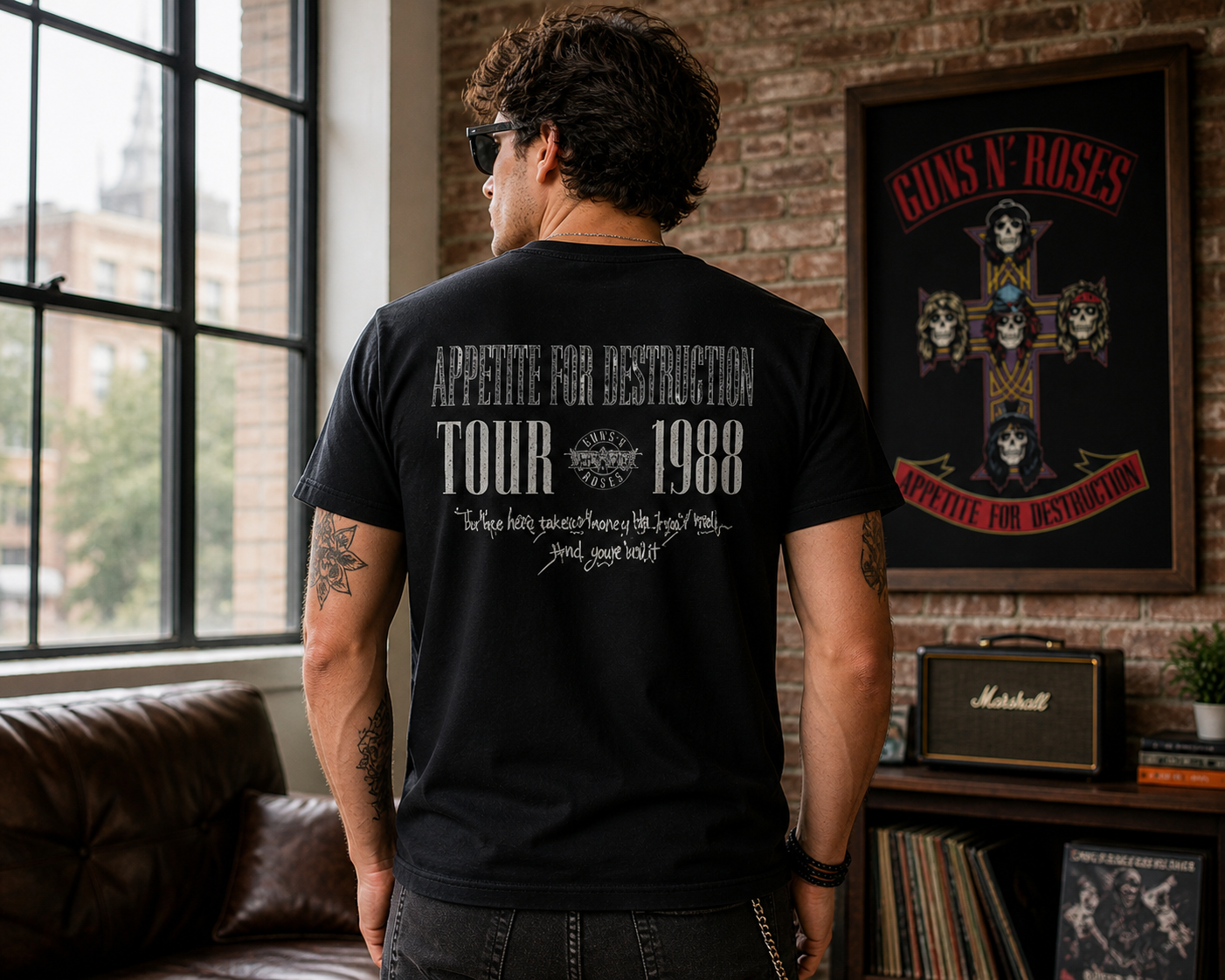 male model wearing Guns N Roses Appetite Tour 1988 black t-shirt back tour print design