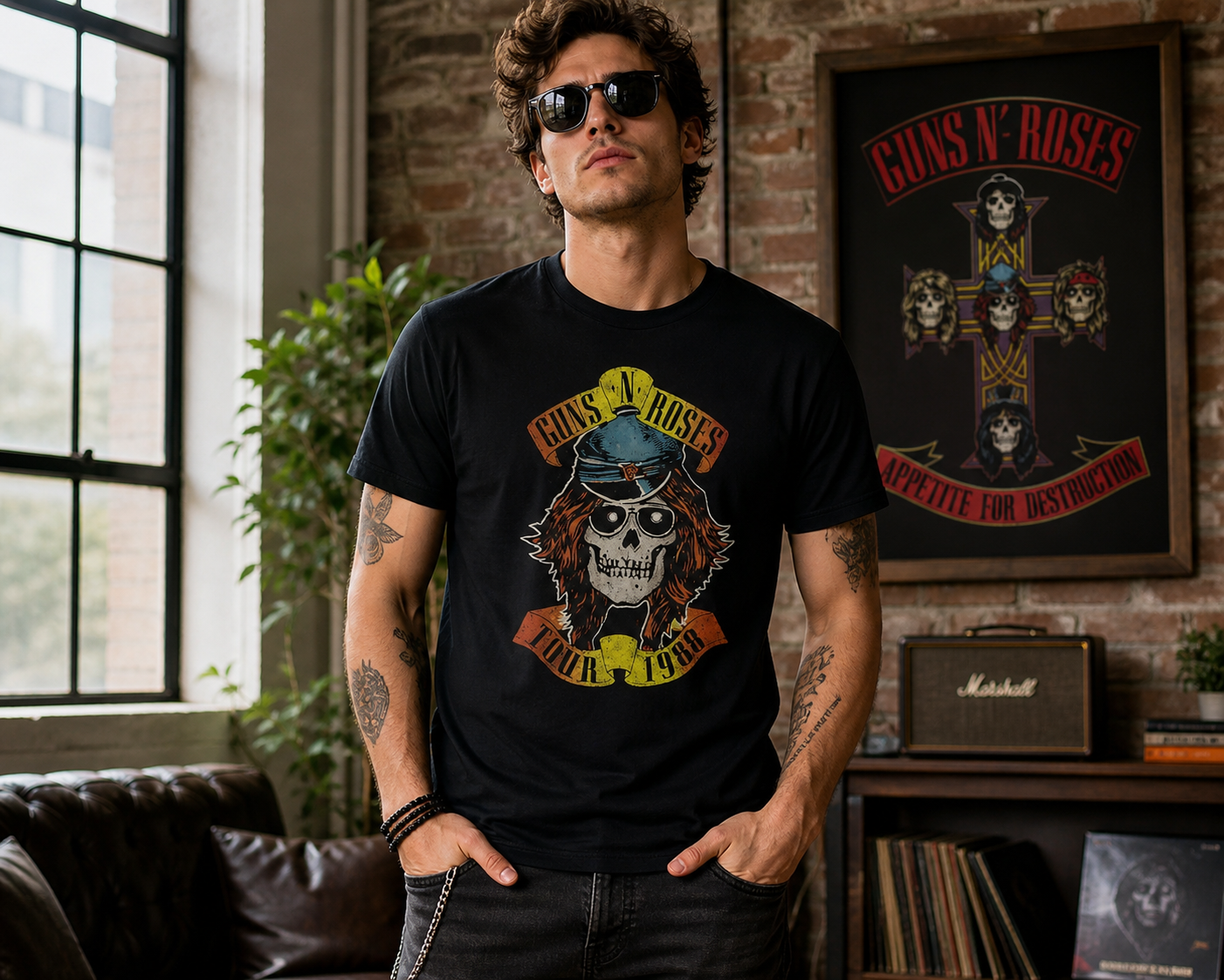 male model wearing Guns N Roses Appetite Tour 1988 black t-shirt front skull design