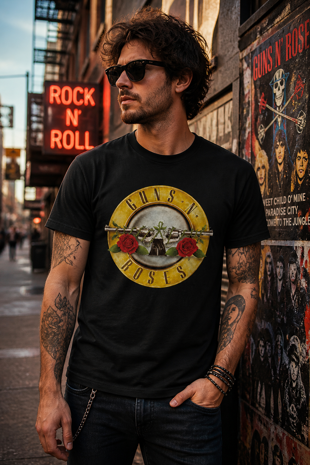male model wearing Guns N Roses classic logo black t-shirt in urban street setting