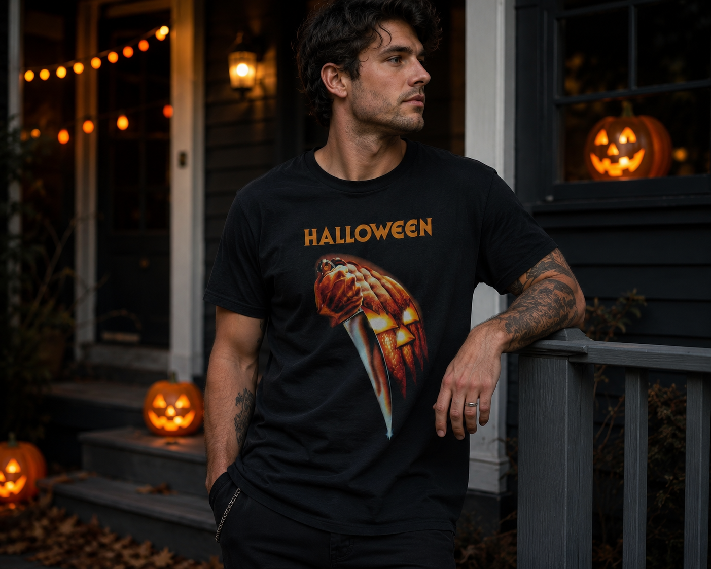 Male model wearing a Halloween Michael Myers t-shirt on a dark porch with glowing jack-o-lanterns and Halloween decorations.