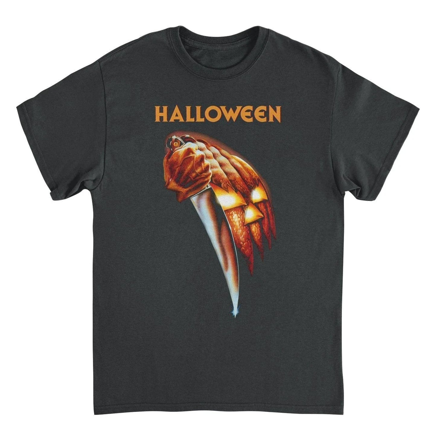 Halloween movie t shirt featuring Michael Myers holding a knife with pumpkin graphic on black horror film tee