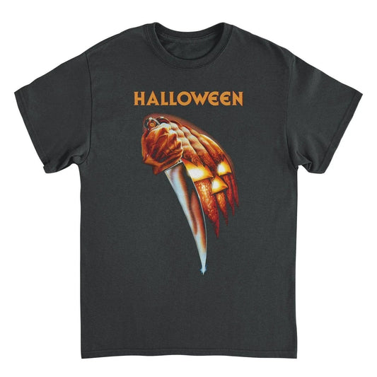Halloween movie t shirt featuring Michael Myers holding a knife with pumpkin graphic on black horror film tee