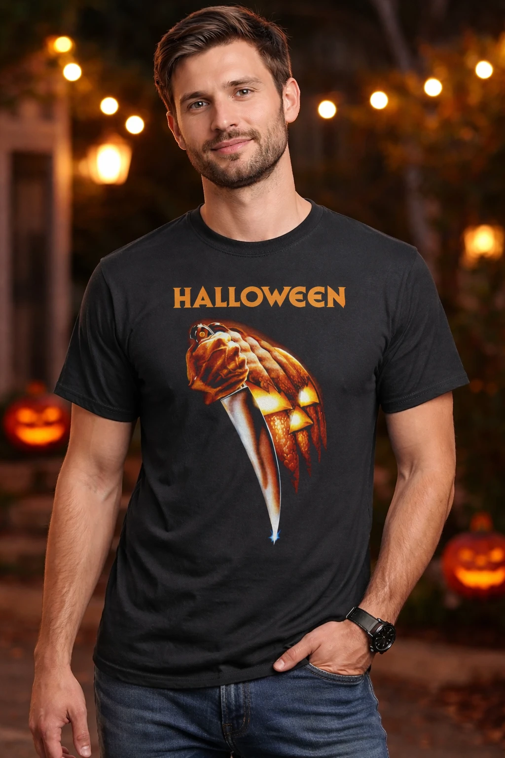 Halloween Claws T-Shirt Michael Myers horror movie graphic tee worn by male model with pumpkin knife design