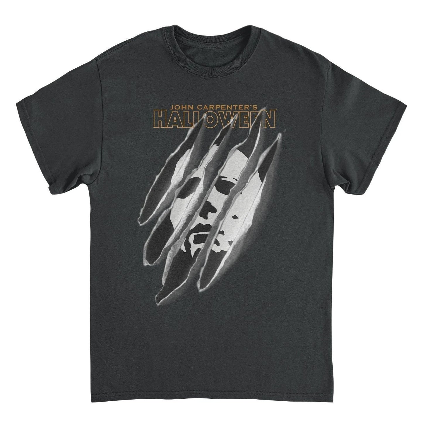 Halloween torn mask Michael Myers t shirt featuring distressed horror graphic from Halloween movie