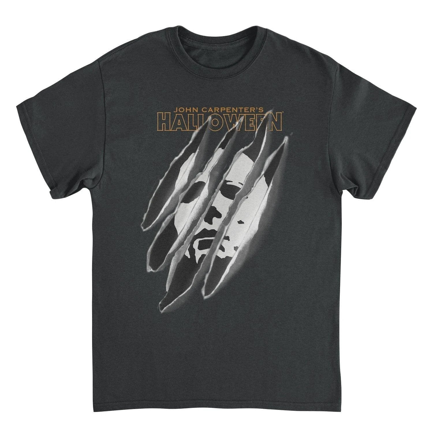 Halloween torn mask Michael Myers t shirt featuring distressed horror graphic from Halloween movie