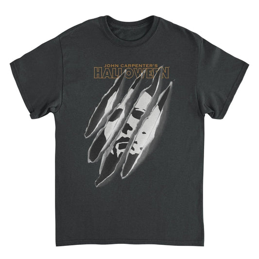 Halloween torn mask Michael Myers t shirt featuring distressed horror graphic from Halloween movie