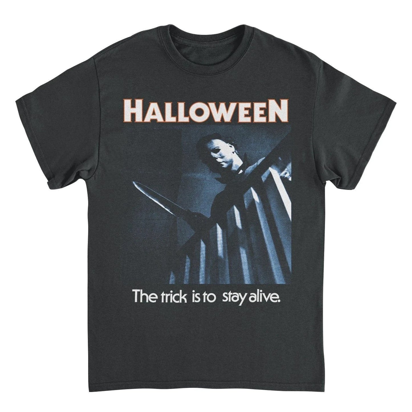 Halloween Upstairs Michael Myers t shirt featuring horror movie scene with knife and “The trick is to stay alive” graphic