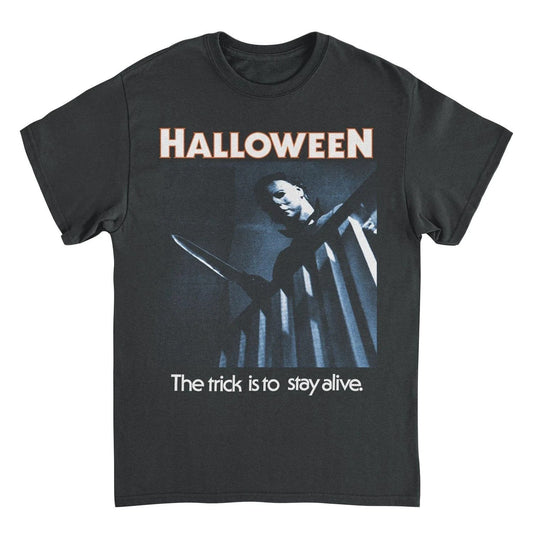 Halloween Upstairs Michael Myers t shirt featuring horror movie scene with knife and “The trick is to stay alive” graphic