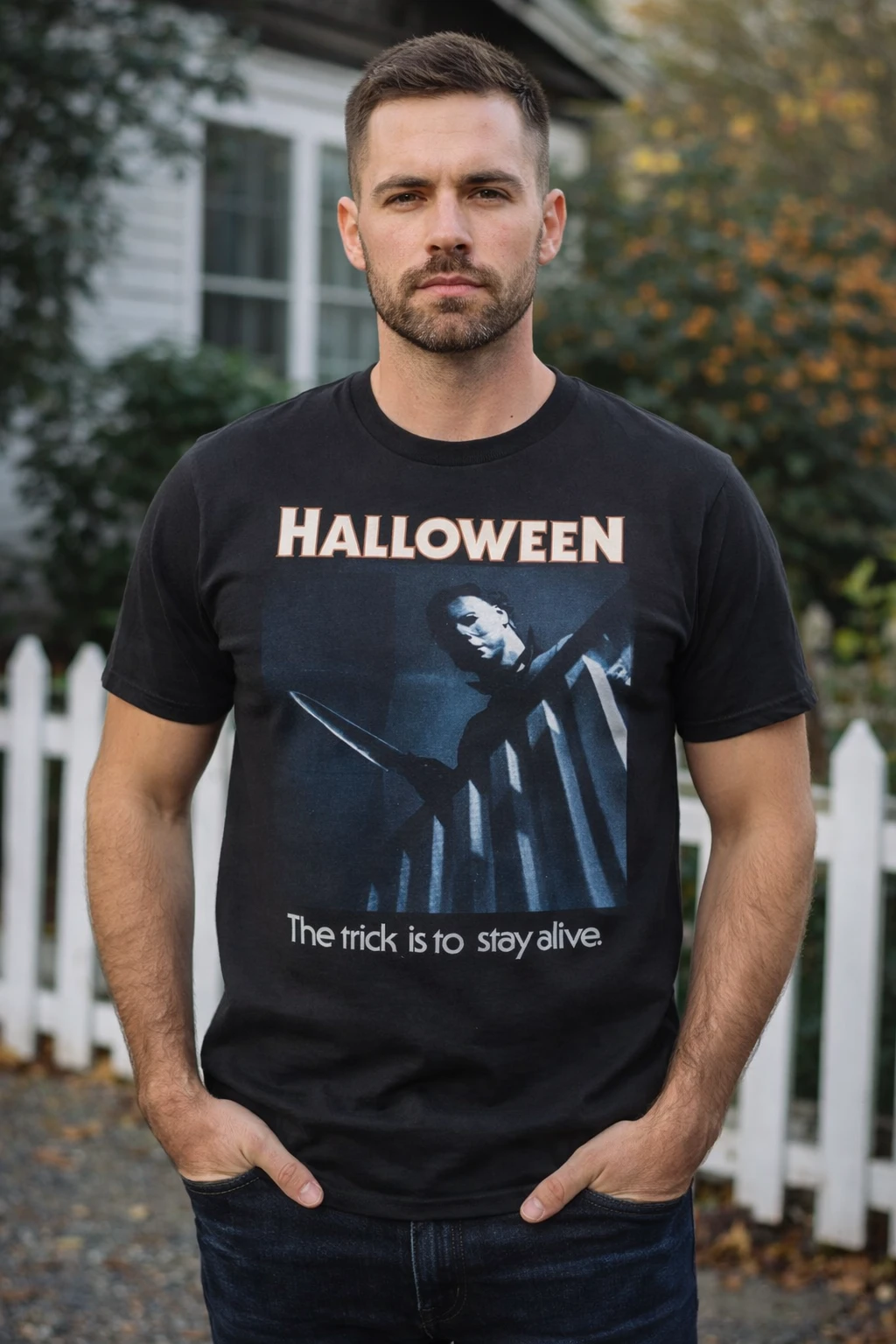 Male model facing forward wearing Halloween Upstairs Michael Myers t shirt with horror movie scene graphic and “The trick is to stay alive” text