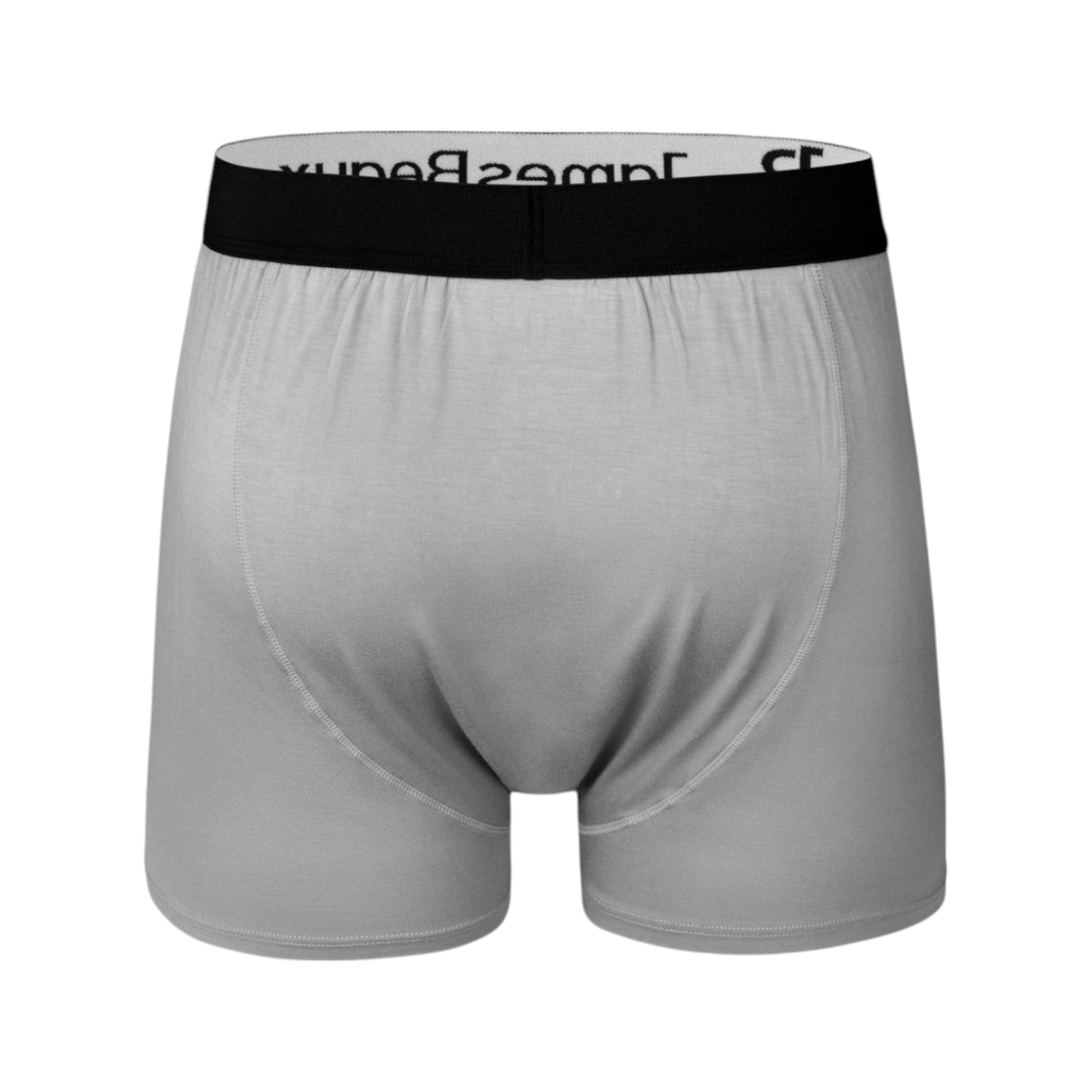 Gray boxer briefs with a black waistband on a white background
