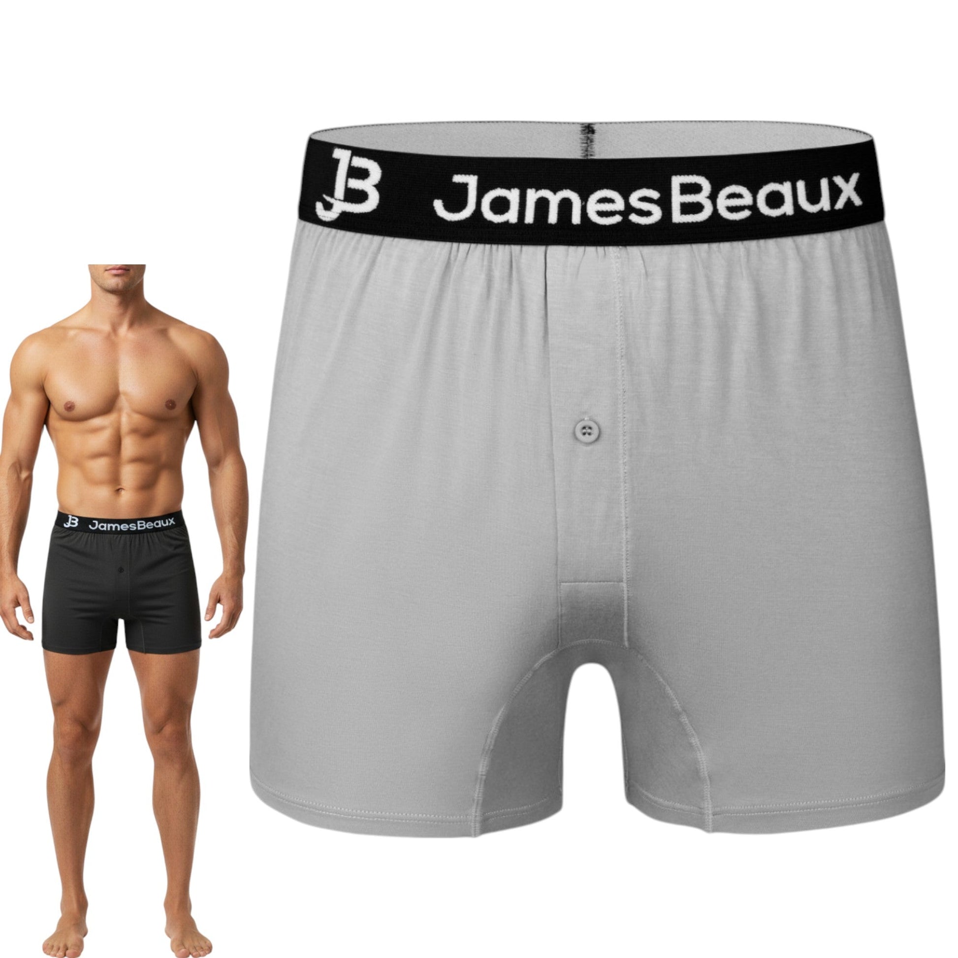 Gray men's underwear with black waistband featuring 'JamesBeaux' brand, displayed with a model wearing black underwear.