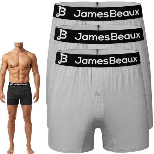 Gray and black boxer briefs with 'James Beaux' branding on a white background.