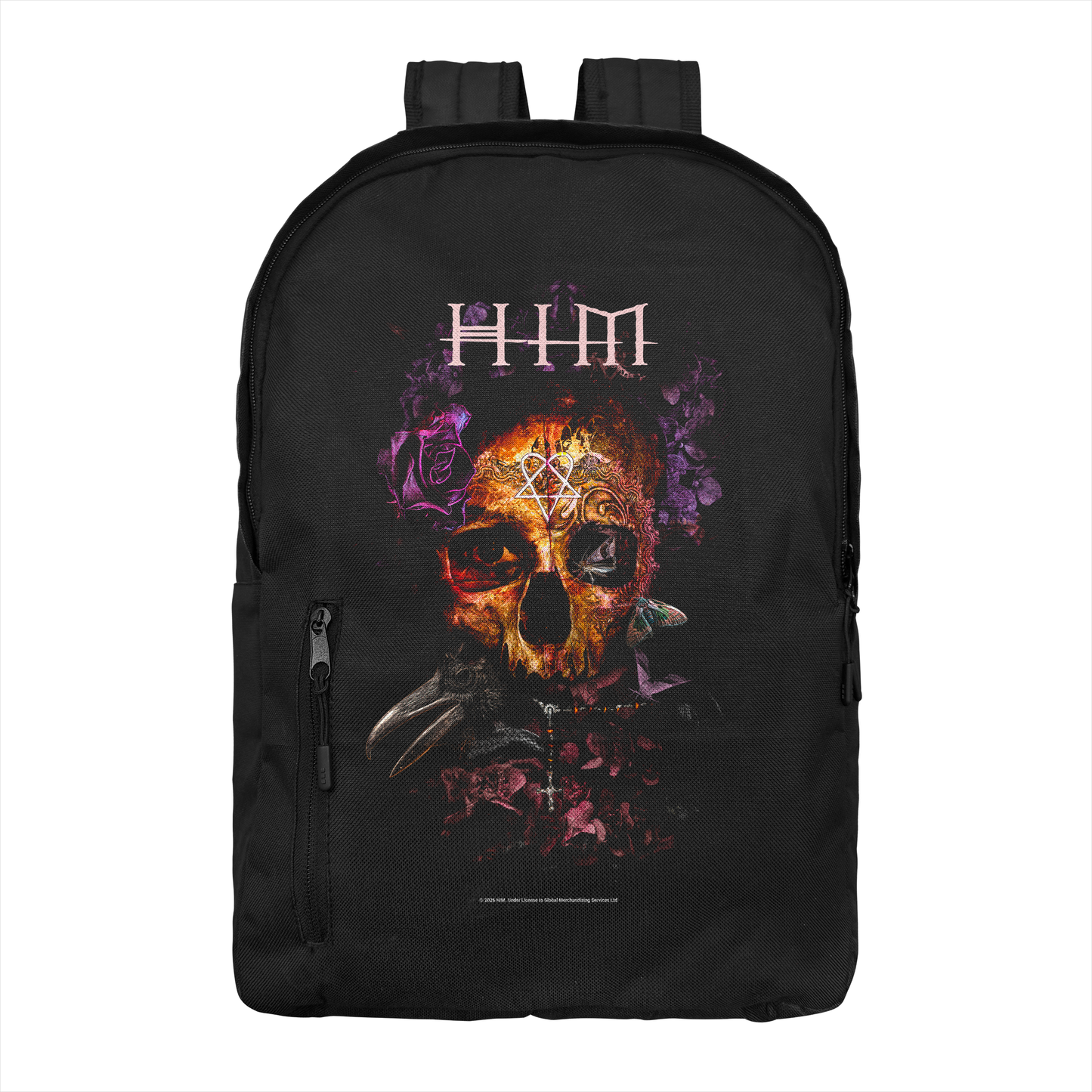 HIM Corpus backpack with skull graphic and gothic band logo on black backpack
