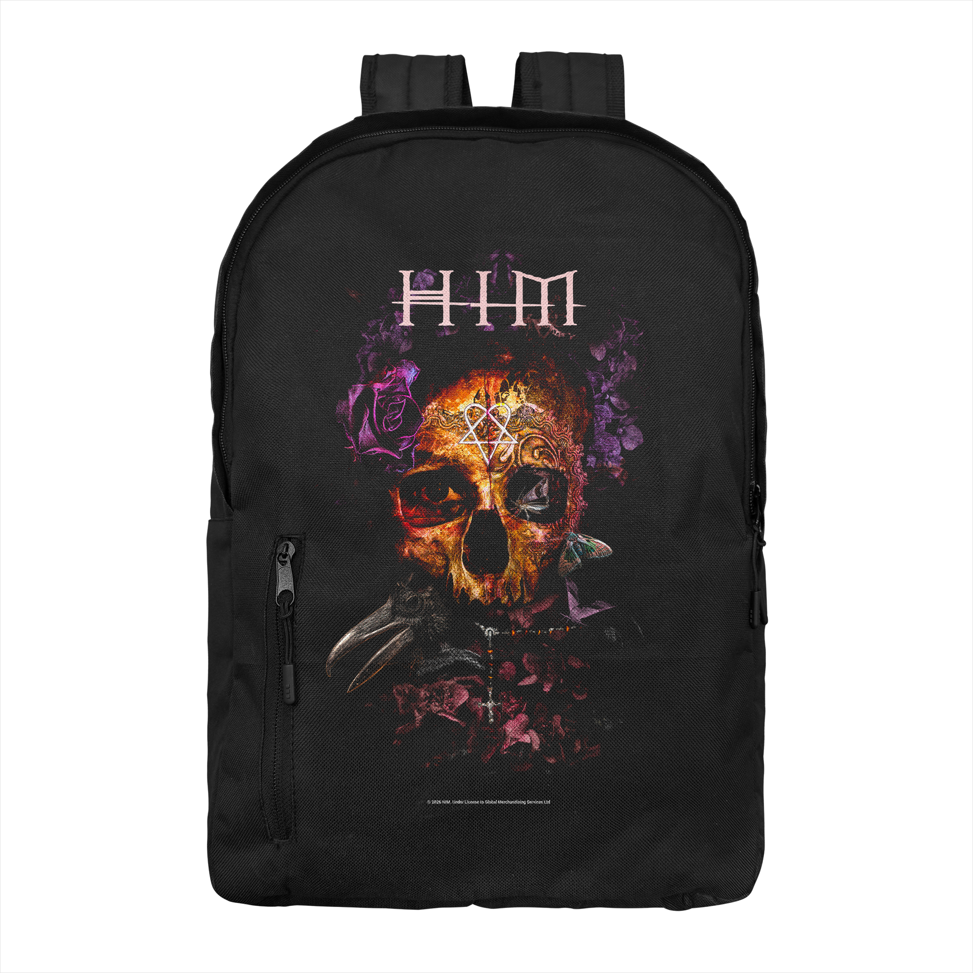 HIM Corpus backpack with skull graphic and gothic band logo on black backpack