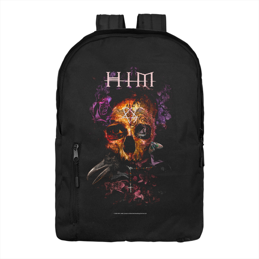 HIM Corpus backpack with skull graphic and gothic band logo on black backpack