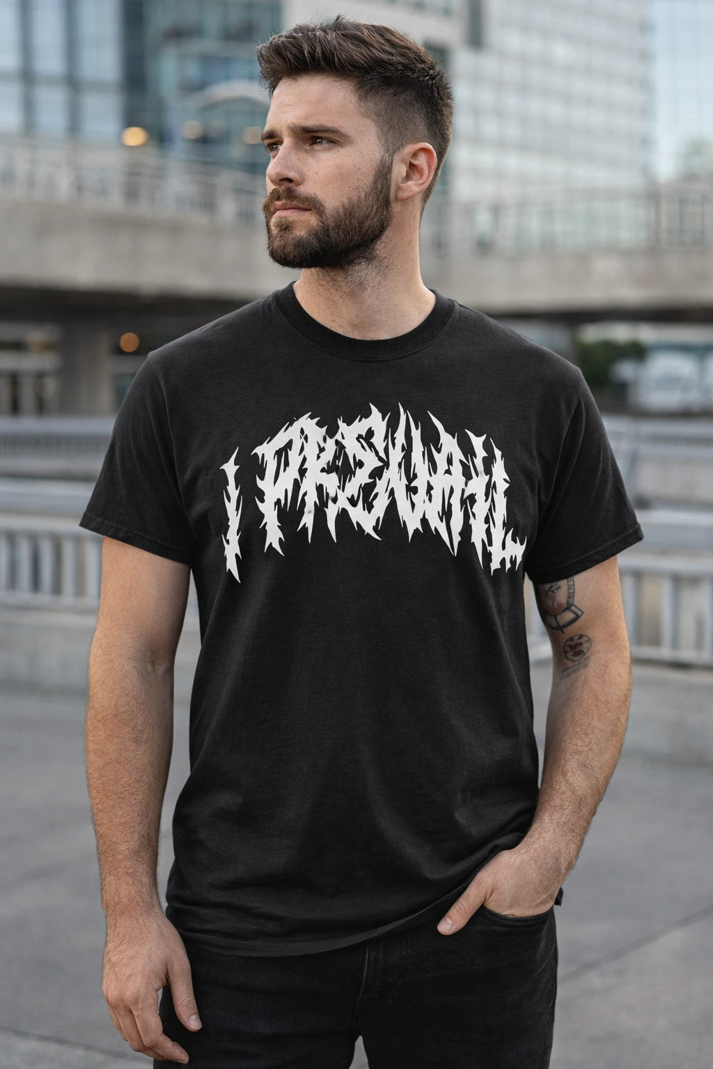 I Prevail scorpion True Power t shirt on male model wearing black metalcore band tee Detroit design lifestyle image