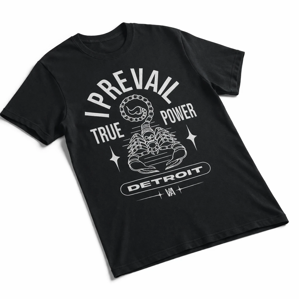 I Prevail scorpion True Power t shirt black Detroit metalcore band merch angled front view graphic tee