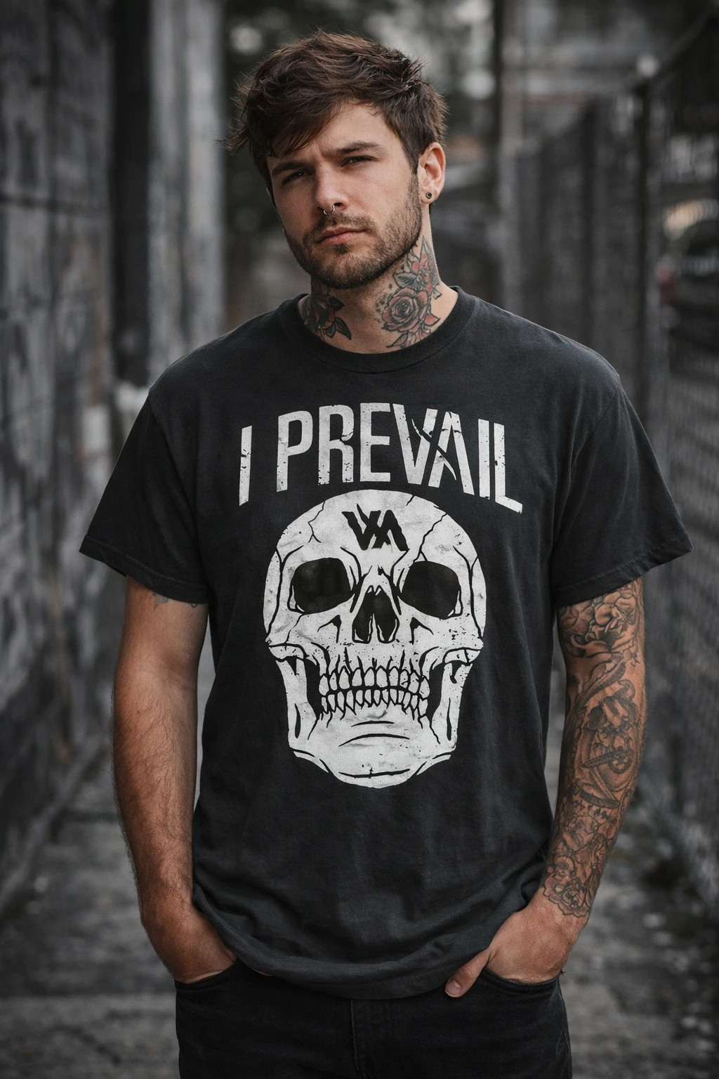 I Prevail skull logo t shirt black worn by male model urban street style rock outfit officially licensed band merch