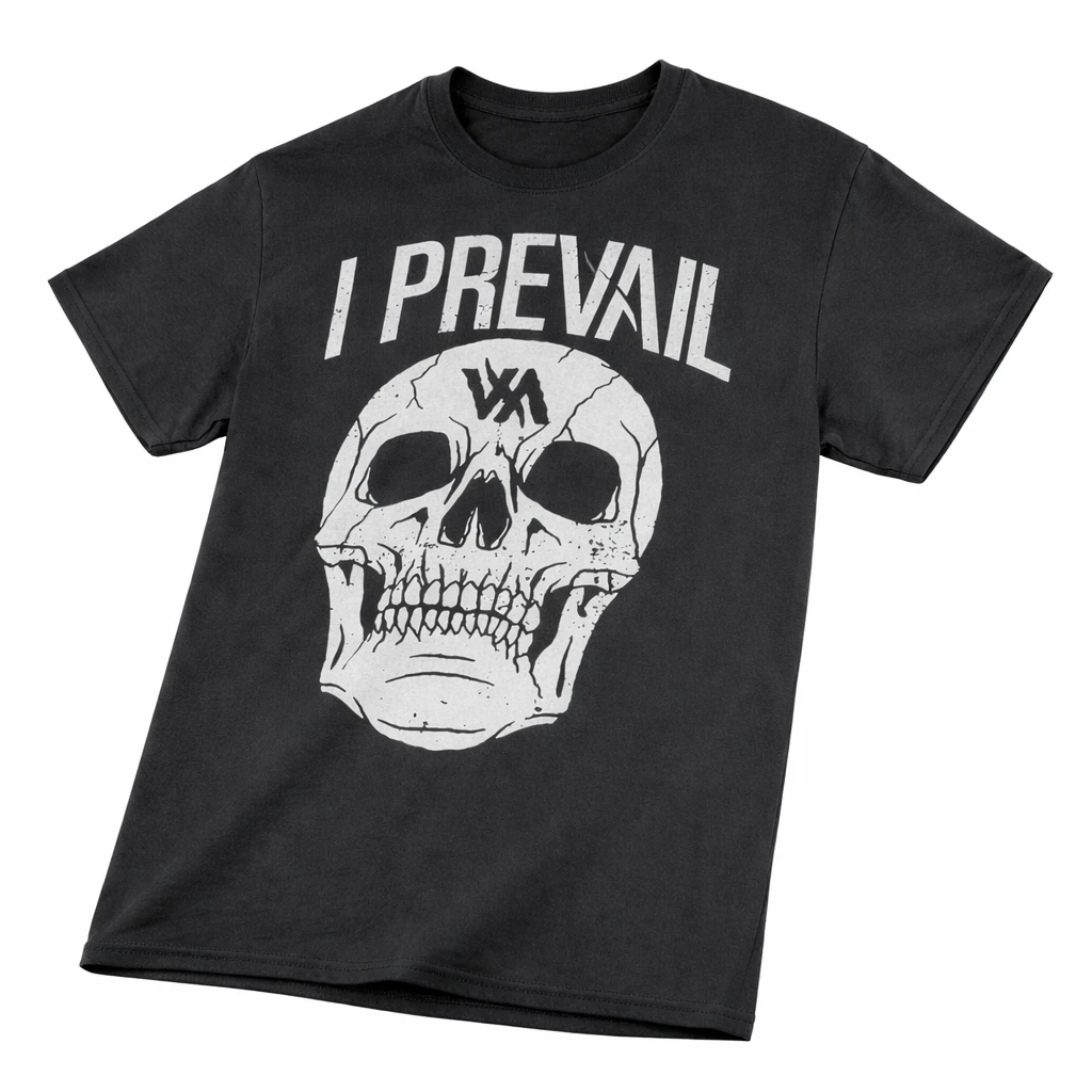 I Prevail skull logo t shirt black metalcore band tee angled view showing full front graphic design