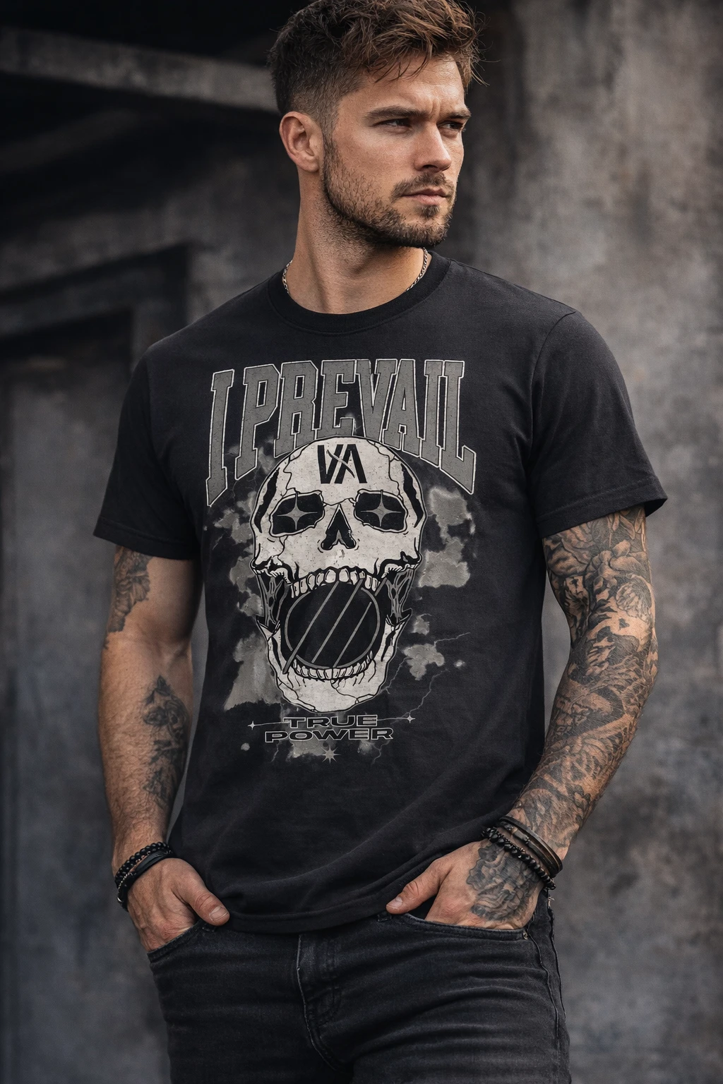male model wearing I Prevail True Power skull t shirt official metalcore band merch lifestyle image