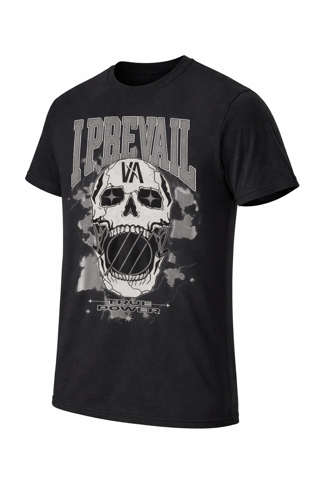I Prevail True Power skull t-shirt black graphic tee featuring screaming skull design with I Prevail logo front print angled product view officially licensed band merch