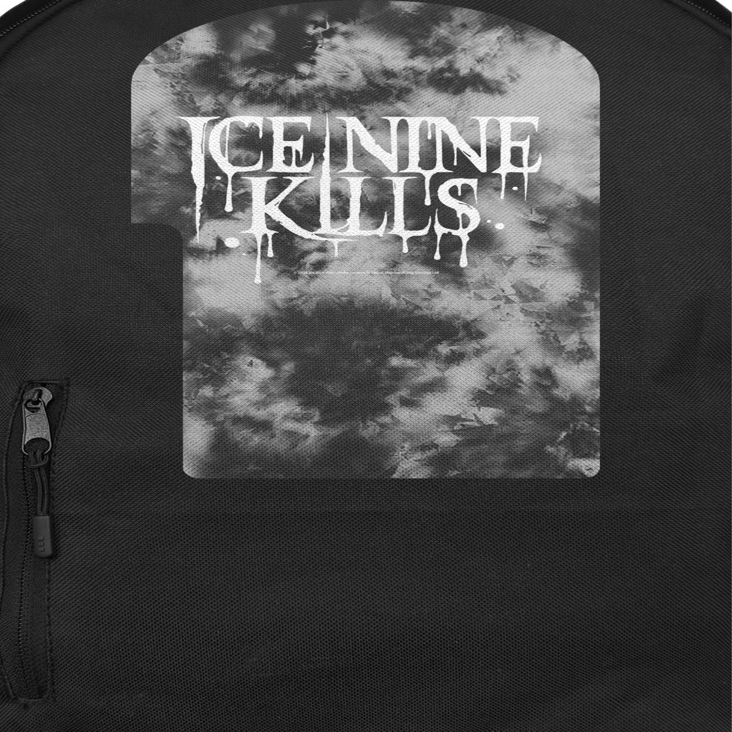 Close up of Ice Nine Kills backpack with drippy logo design on black background