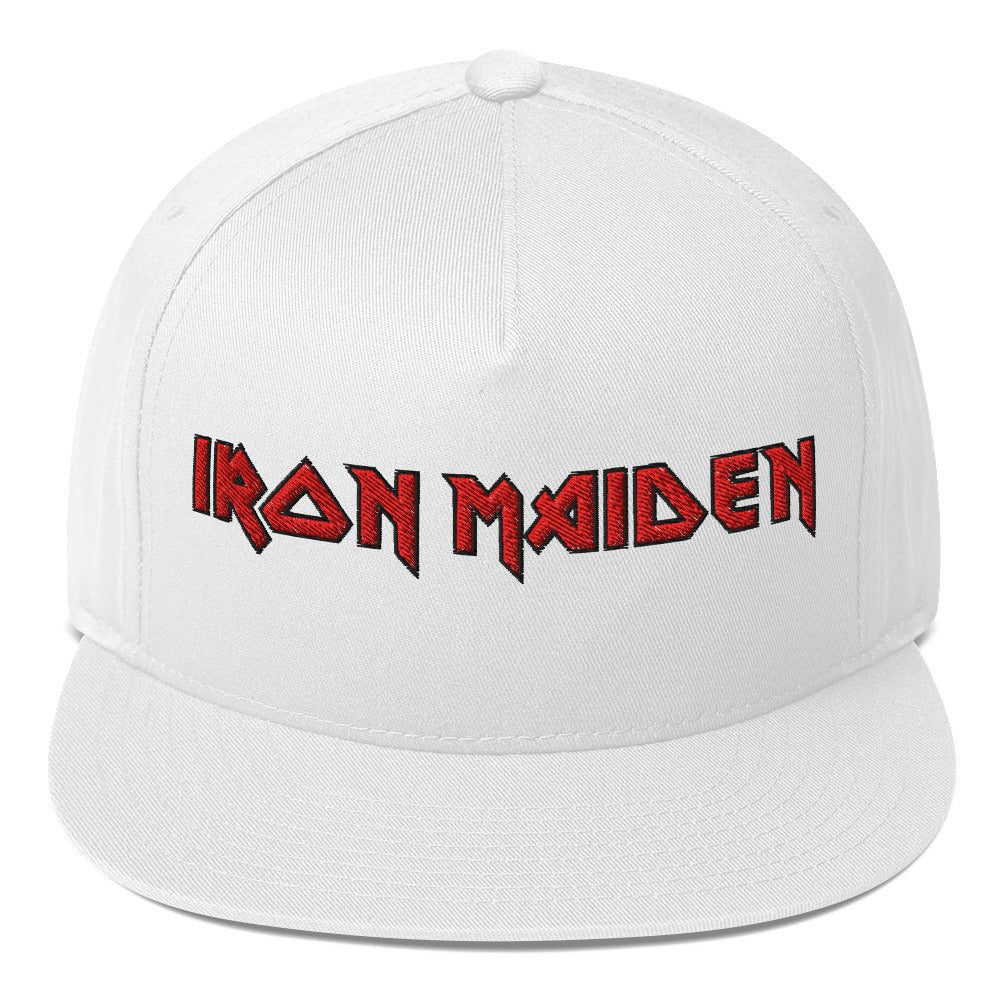 Officially licensed Iron Maiden HD embroidered logo snapback hat in white with red embroidered Iron Maiden logo.